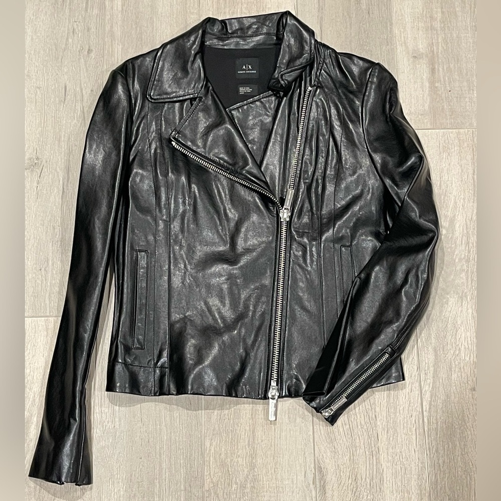 Armani Exchange Black Women Leather Moto Jacket Size s